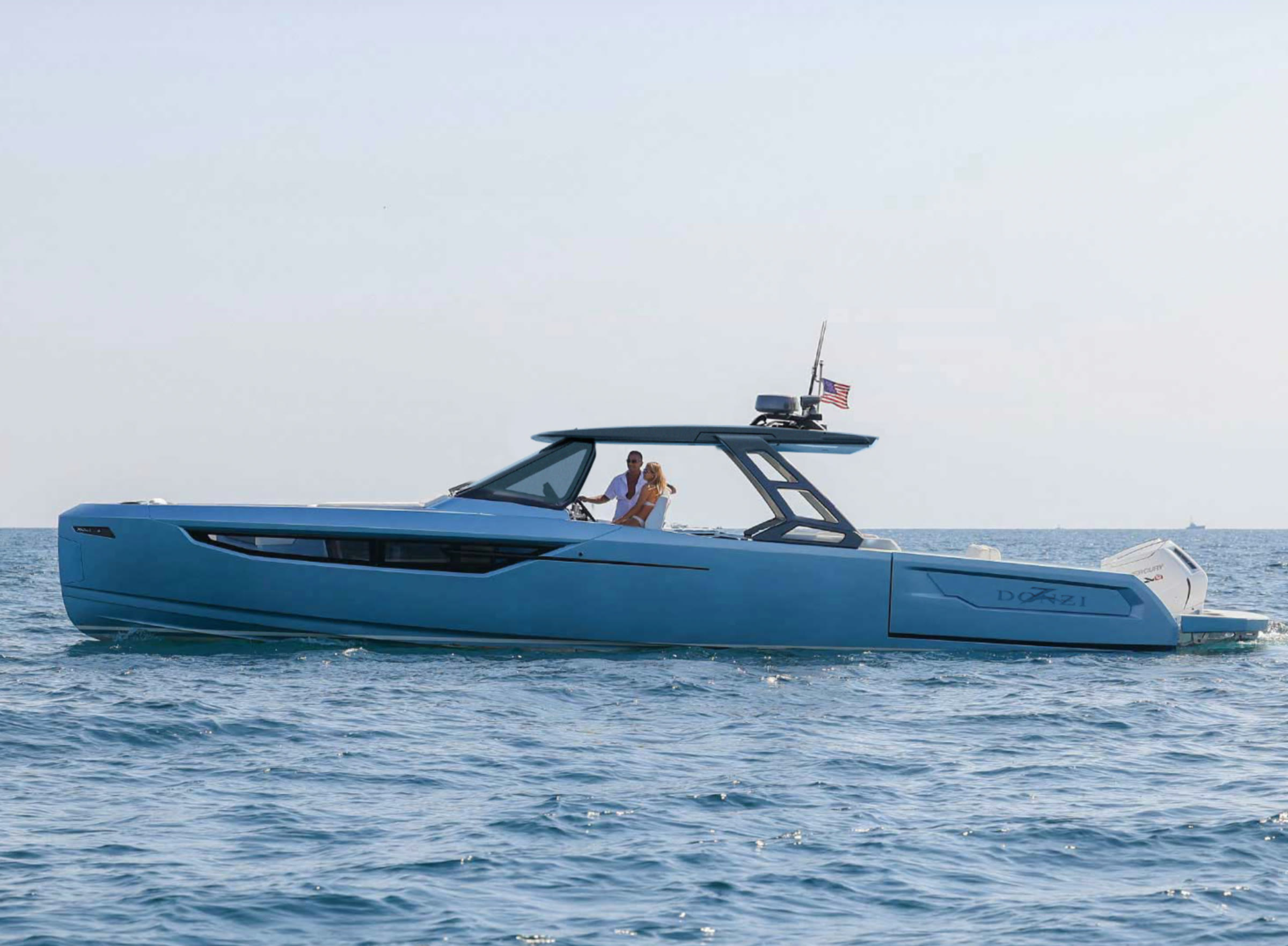 Blue Donzi 45 cruising on open water